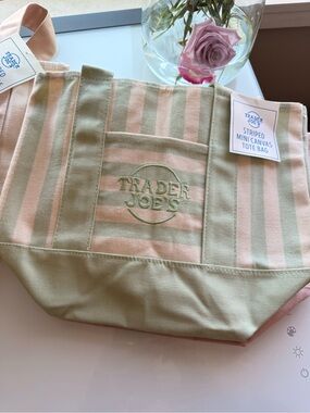 Trader Joe's Striped Pink & Sage Canvas Tote